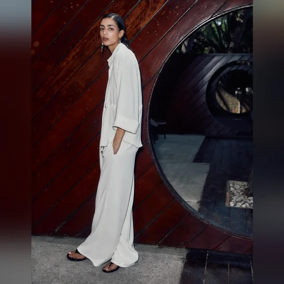 ZARA 2 PIECES SET GATHERED KIMONO SHIRT AND CREPE WIDE LEG PANTS SIZE XS/S - Picture 5 of 15